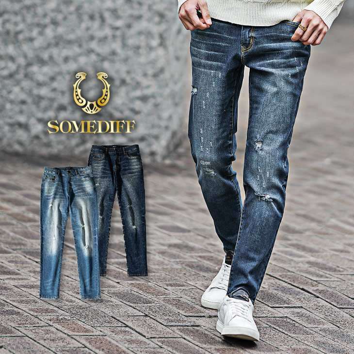 ダメージスリムテーパードデニムパンツ