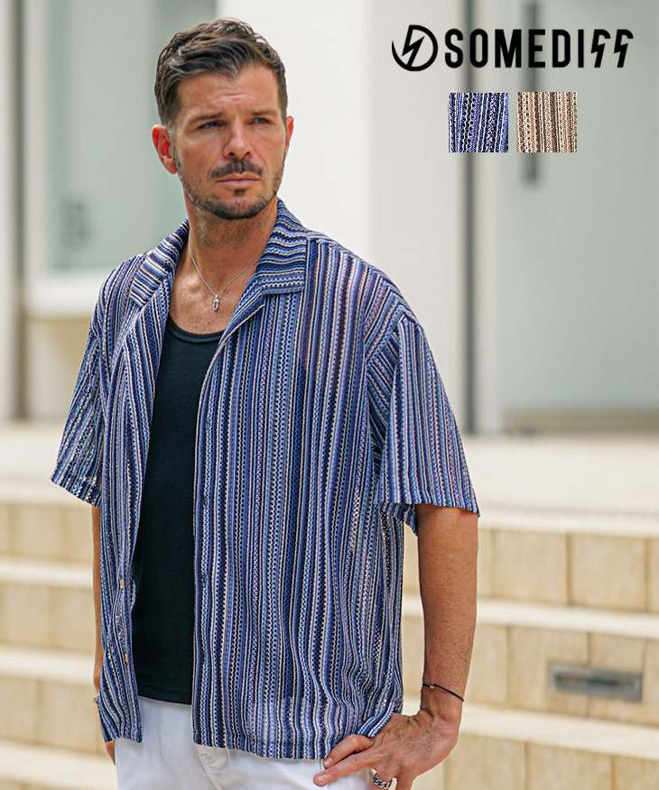 メッシュストライプ半袖開襟シャツ