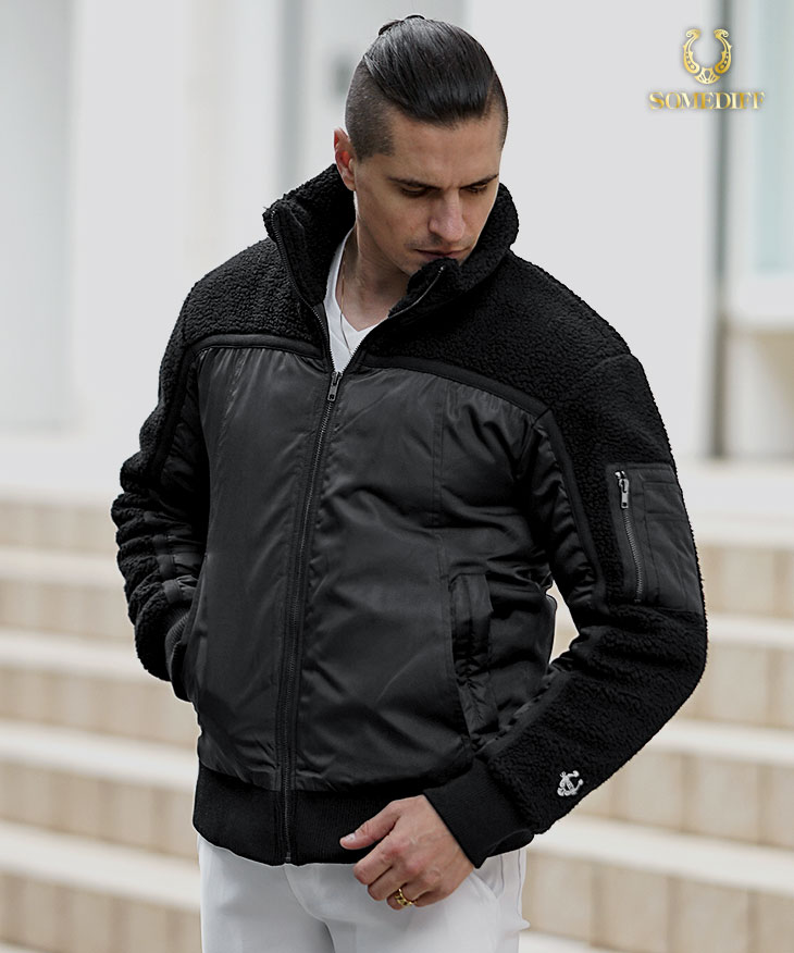 ボア×ポリツイル切替中綿ブルゾン