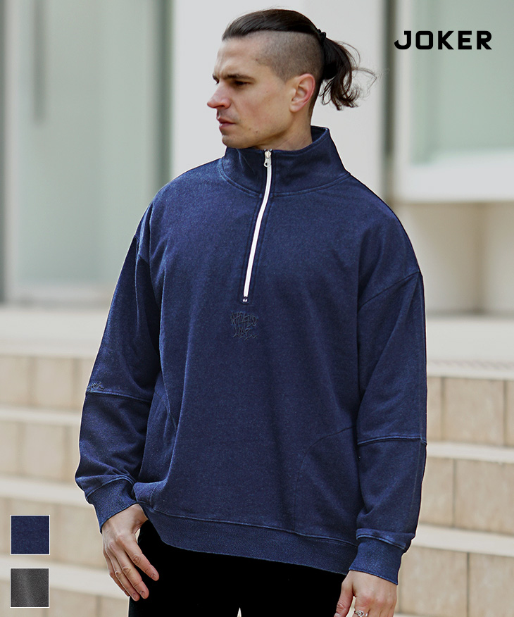 裏毛インディゴ染め刺繍ハーフZIPプルオーバー　*