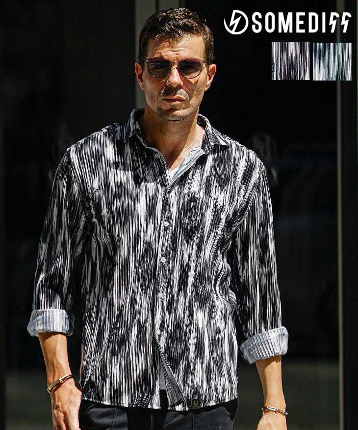 総柄プリーツ長袖シャツ