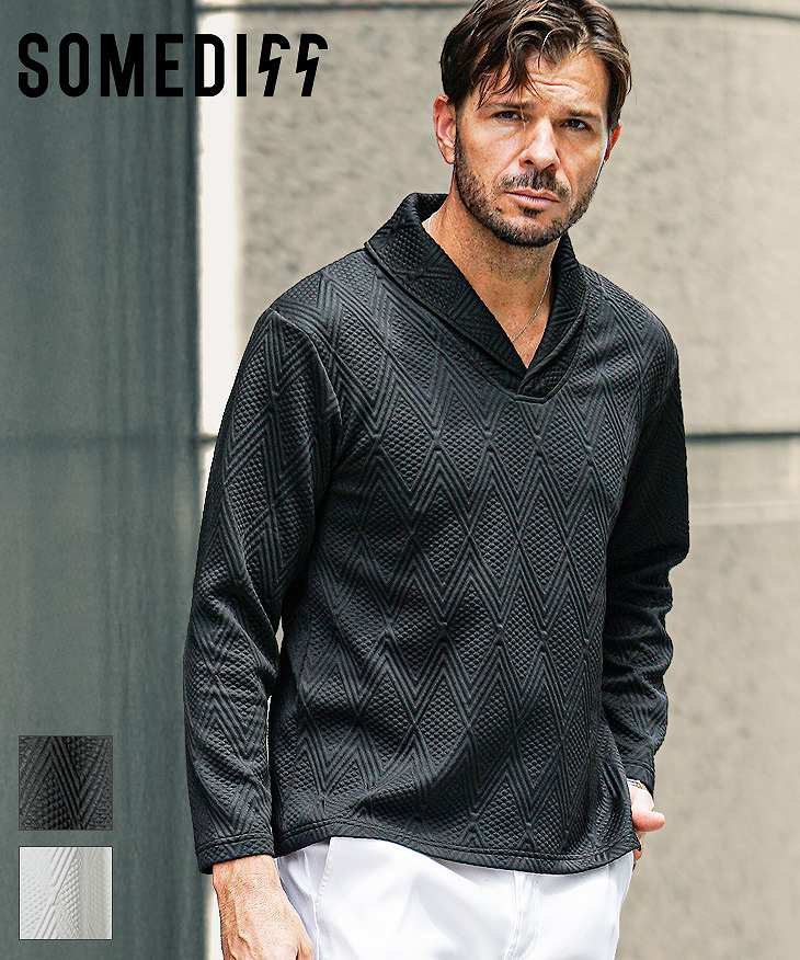 ふくれデザインショールネック長袖Tシャツ
