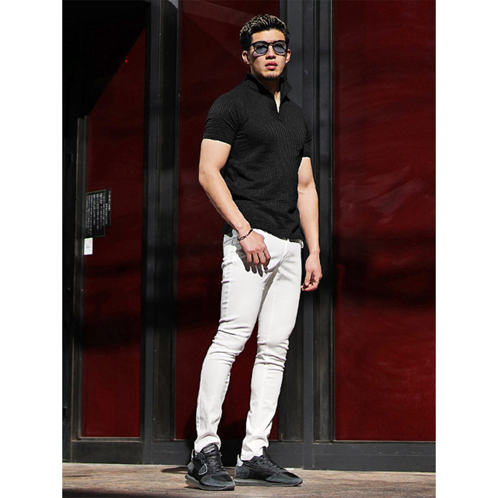 シアサッカーのポロシャツコーデ