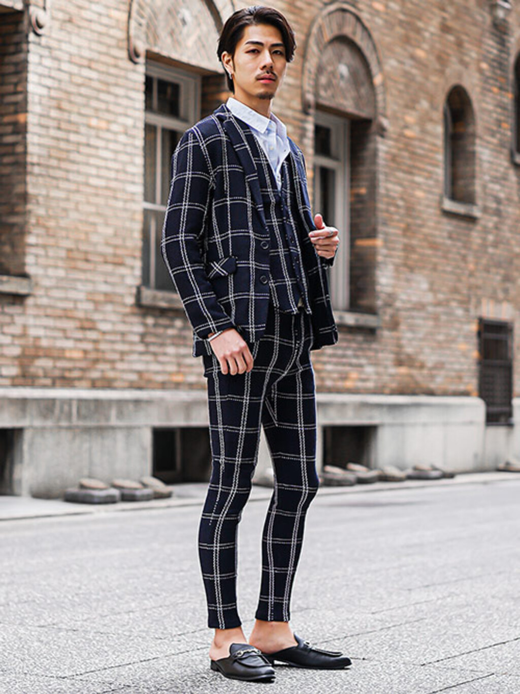 チェック刺繍3ピースセットアップ