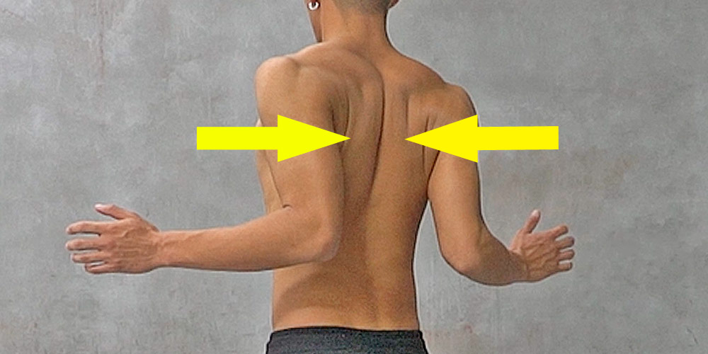 肩を落とし肩甲骨を寄せる