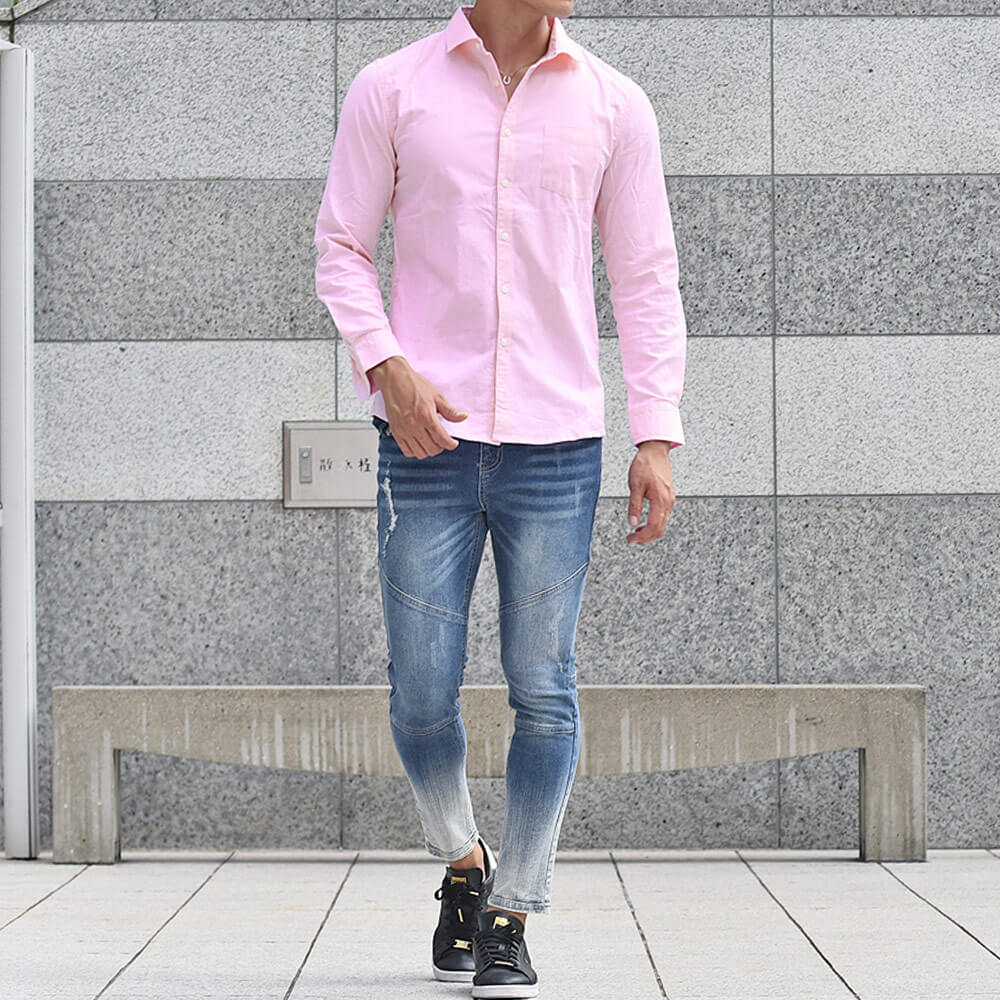 ピンクシャツコーデ1