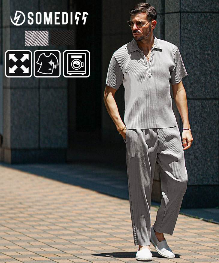 プリーツポロシャツロングパンツセットアップ