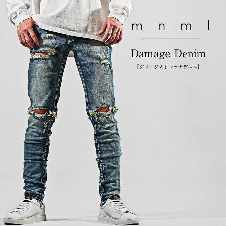ハードダメージスキニーデニムパンツ mnml