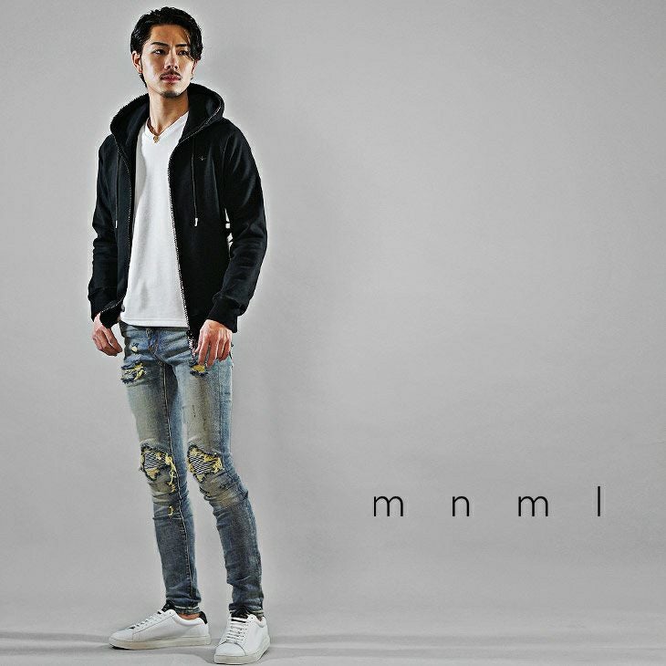 バイカーダメージスキニーデニム mnml